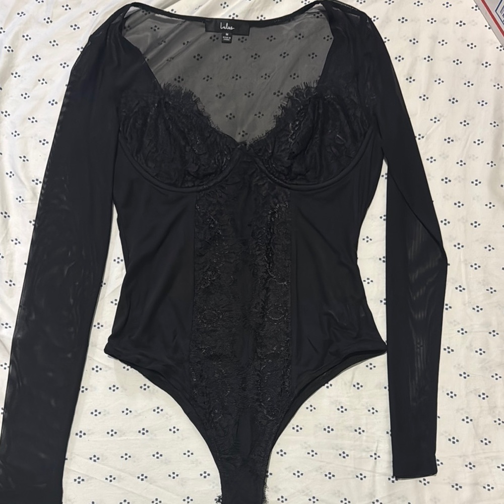 Lulu's Black Asymmetrical Long Sleeve Bodysuit